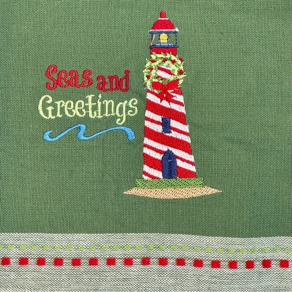 “Seas and Greetings” Set of 2 Embroidered Lighthouse on Green Cotton Tea Towels